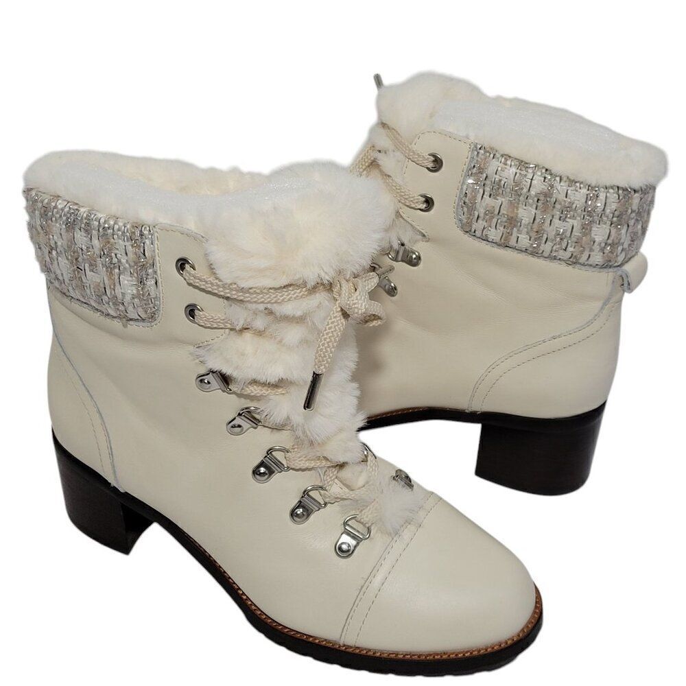 Sam Edelman Boots Womens Size 8 Manchester Ivory Leather‎ Faux Fur Lace Up Heel
